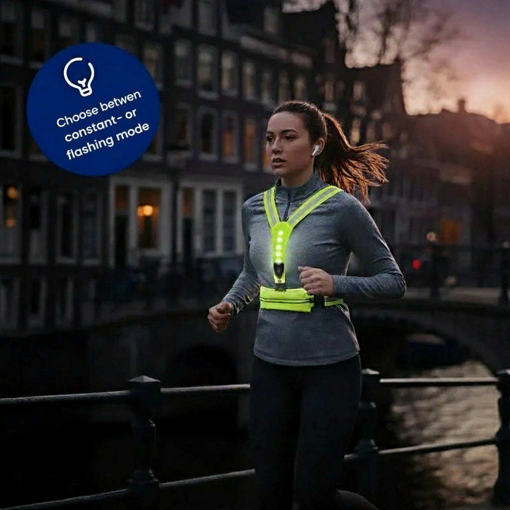 Woman running on a bridge with a reflective vest in an urban setting
