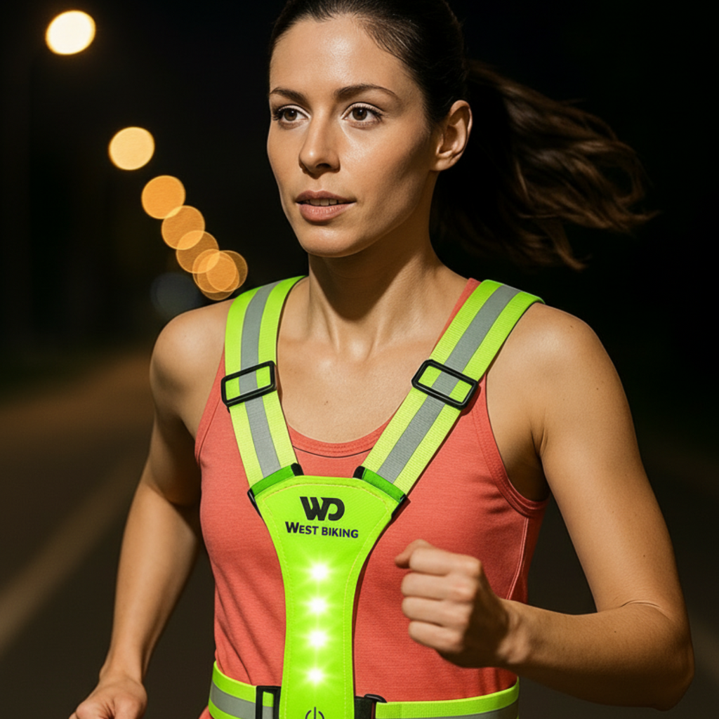 Woman running at night wearing a reflective vest with visible branding.