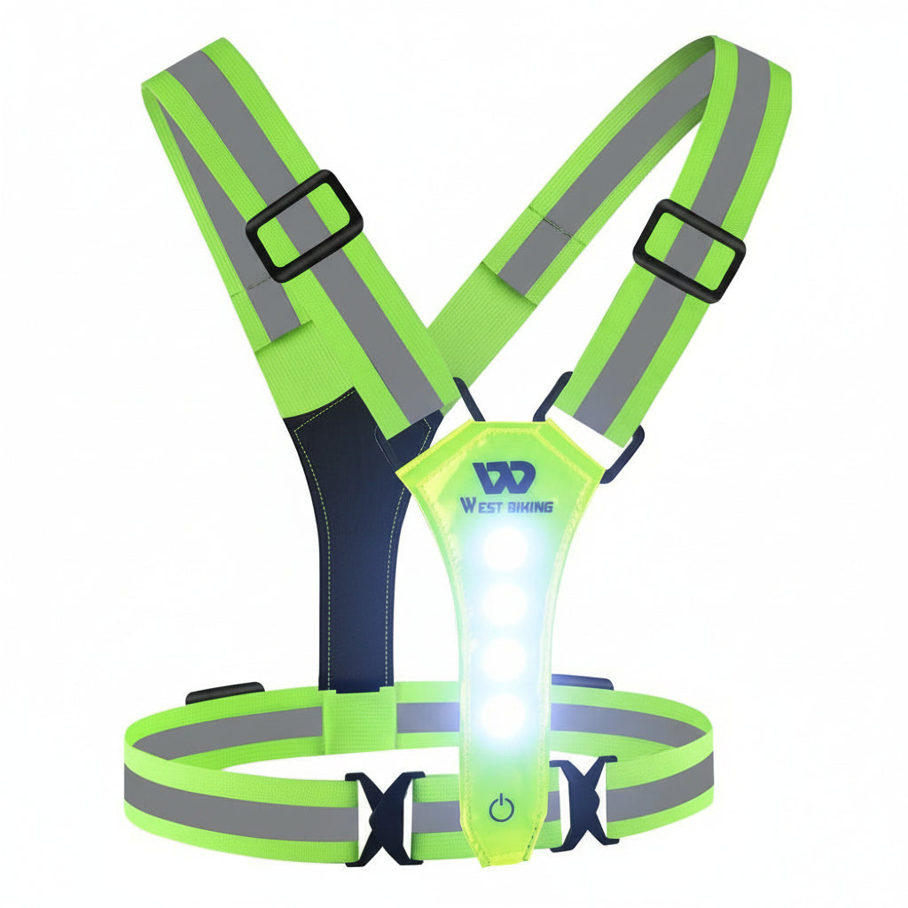 Reflective safety harness with LED light on a white background