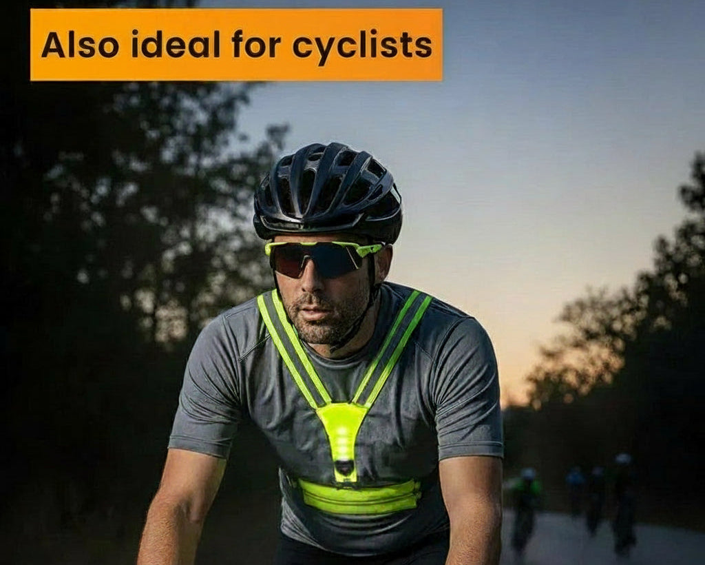 Man cycling wearing a high-visibility safety vest with text 'Also ideal for cyclists' and brand name 'Sweatrik'.